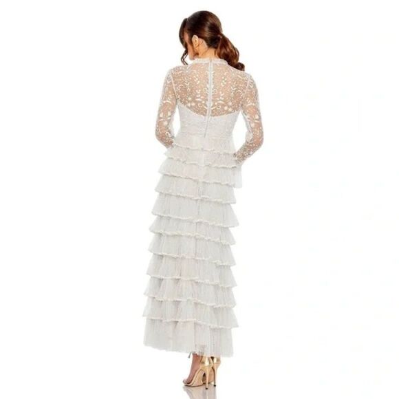 Mac Duggal 8003 Size 8 Embroidered Long Sleeve Ruffled Tiered Pearl White Dress - Picture 6 of 11